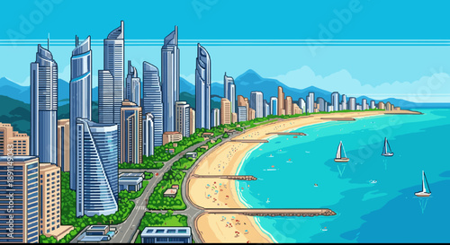 Pixel art coastal cityscape with skyscrapers and beachfront