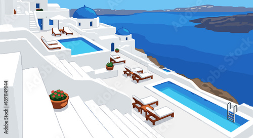 Pixel Art Charming mediterranean terraced pools with ocean view in pixel art style