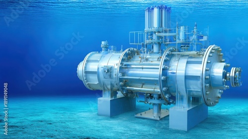 Complex industrial submersible pump unit operating deep underwater in clear blue ocean waters