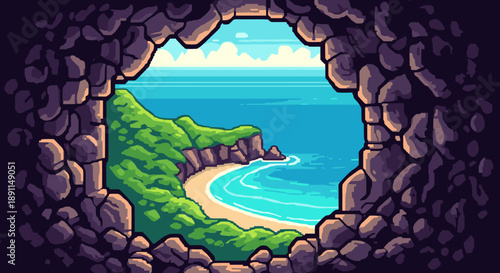 Pixel Art Scenic retro pixel art view through rocky cave of coastal beach
