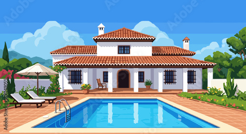 Pixel Art Charming spanish villa with pool in pixel art style