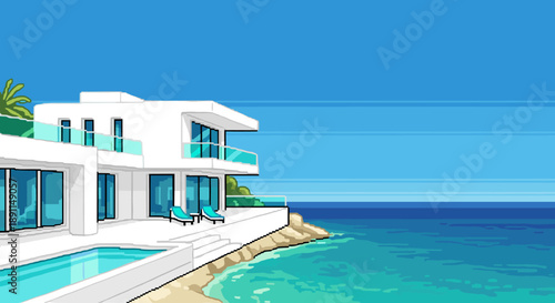 Pixel Art Modern pixel art beach house with ocean view and pool in sunny landscape