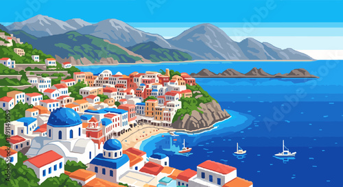 Pixel art coastal mediterranean village with stunning seascape and mountains