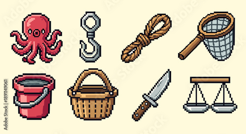 Pixel Art Retro fishing equipment and marine life in pixel art style