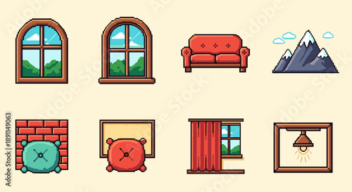 Pixel art home elements: windows, furniture, and nature