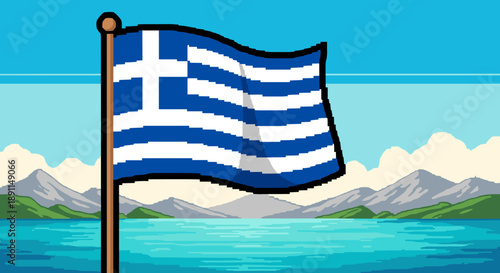 Pixel art greece flag waving by serene lake with mountain scenery