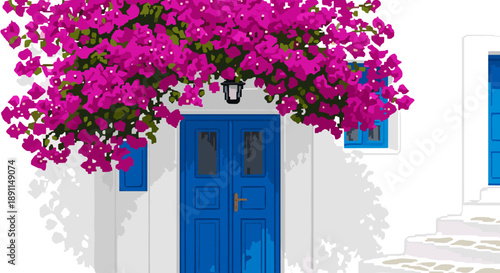 Pixel Art Charming mediterranean house with bougainvillea and blue door