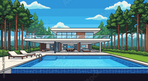 Pixel Art Modern pixel art mansion with pool and forest scenery