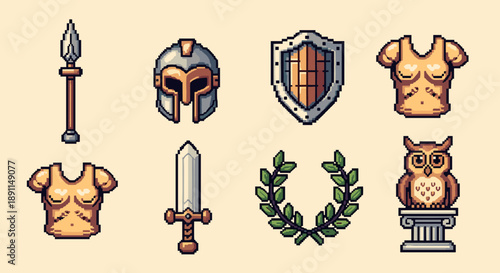 Pixel Art Retro pixel art greek icons: helmet, armor, sword, shield, spear, laurel, owl on pedestal