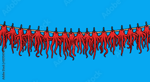Pixel Art Chili peppers drying on string against blue sky