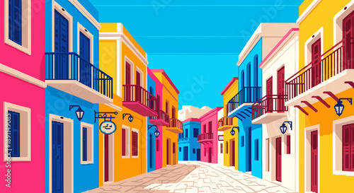Pixel Art Vibrant mediterranean street with colorful houses under blue sky
