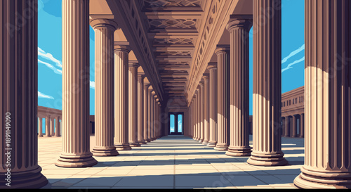 Pixel Art Majestic ancient greek colonnade with classical columns and blue sky