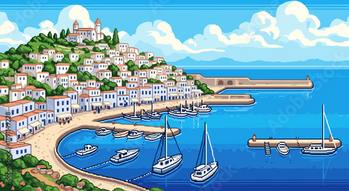 Pixel Art Coastal town with harbor and sailboats in vibrant 8-bit style