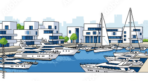 Pixel Art Modern marina with luxury yachts and sailboats in minimalist coastal cityscape