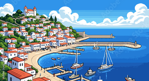 Pixel Art Charming coastal village with sailboats in pixel art style