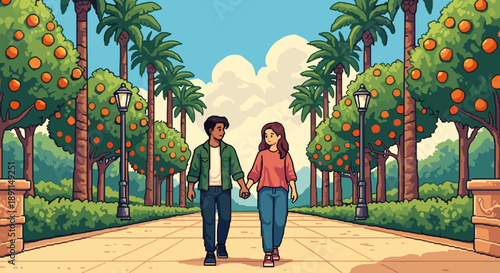 Pixel Art Couple walking hand in hand through lush orange grove lined with palm trees