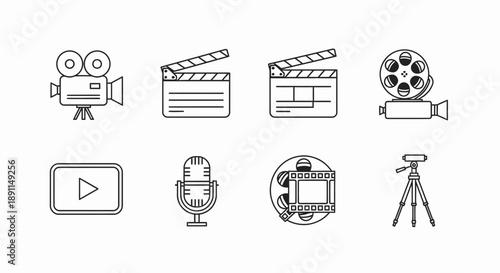 Set of film and video production icons clapperboard camera and microphone