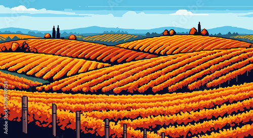 Pixel Art Vibrant pixel art vineyard landscape with autumn colors and rolling hills