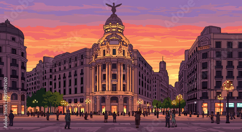 Pixel Art Sunset cityscape with historic architecture and people in retro pixel art style