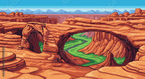 Pixel art canyon landscape with natural rock arch and river
