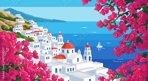 Pixel Art Romantic coastal town with ocean view and pink flowers in retro pixel art style