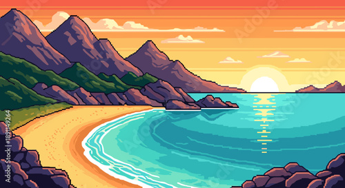Pixel Art Retro pixel art beach scene with sunset and mountains