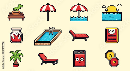 Pixel art summer icons: relaxation, fun, and beach essentials in retro style