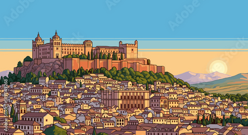 Pixel Art Majestic hilltop fortified city at sunset with mountains in the background