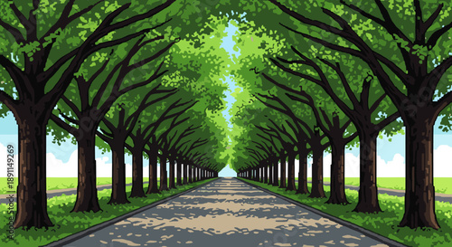 Pixel Art Endless pixel art tree pathway with lush green canopy