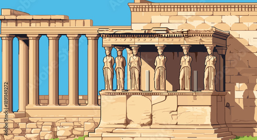 Pixel Art Ancient greek parthenon with caryatids in pixel art style