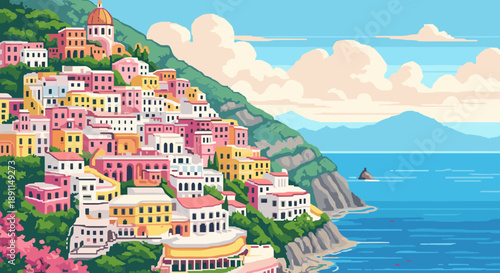 Pixel Art Colorful pixel art of coastal town with sea and mountain view