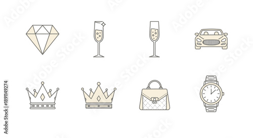 Luxury icons set diamond champagne car crown handbag and watch