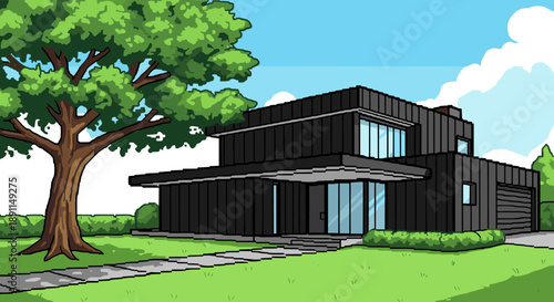 Pixel Art Modern pixel art house with tree and blue sky