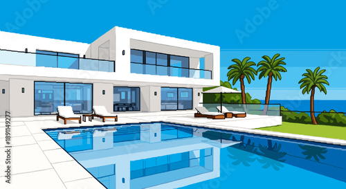 Pixel Art Modern luxurious beachside mansion with pool and palm trees in pixel art style