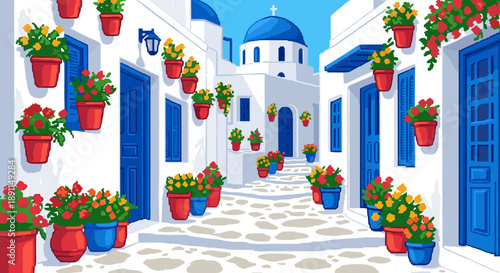 Pixel Art Charming pixel art of mediterranean alley with vibrant blue and white architecture
