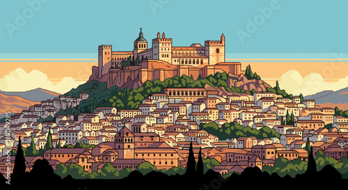 Pixel Art Medieval castle on hill with surrounding town in vibrant pixel art style