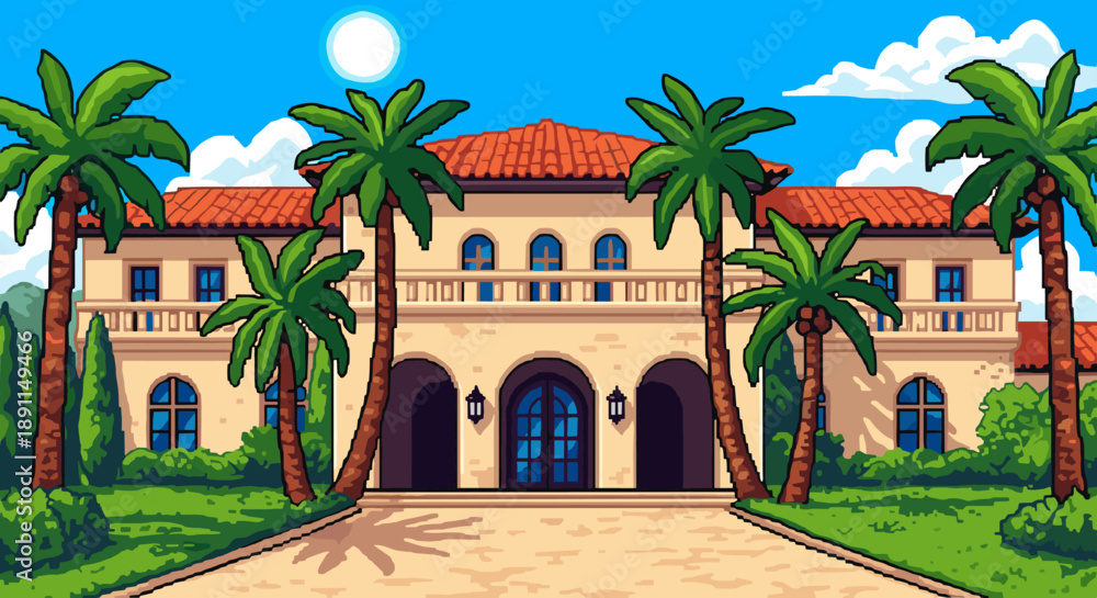 Obraz premium Pixel Art Charming mediterranean mansion with palm trees in pixel art style