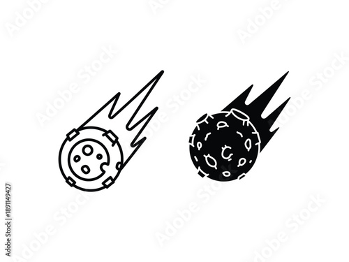 Duo of simple line art icons, depicting a meteor with craters and a simple comet, both with fiery trails, symbolizing space and celestial events.