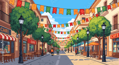 Pixel Art Vibrant street cafes with colorful banners in a sunny urban setting