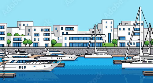 Pixel Art Modern marina cityscape with yachts and sailboats in pixel art style
