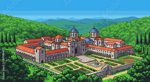Pixel Art Charming pixel art monastery: retro architectural landscape with lush greenery