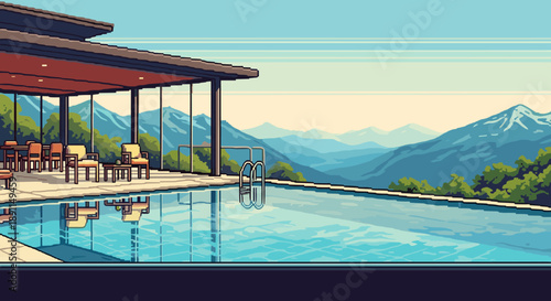 Pixel Art Scenic mountain retreat with pool and modern patio in pixel art style