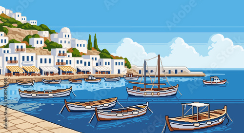 Pixel Art Picturesque seaside village with boats in pixel art style at sunny harbor
