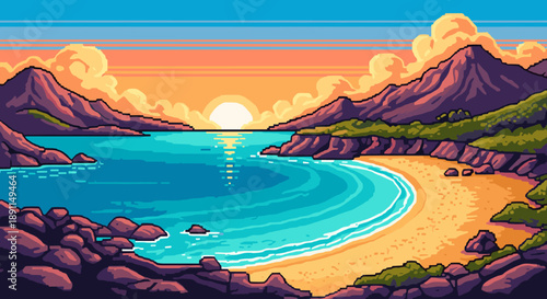 Pixel Art Retro pixel art sunset beach with mountains and ocean waves