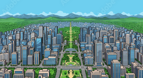 Pixel Art Futuristic urban skyline with green spaces in pixel art style