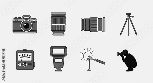 Photography equipment collection camera lenses and accessories in monochrome