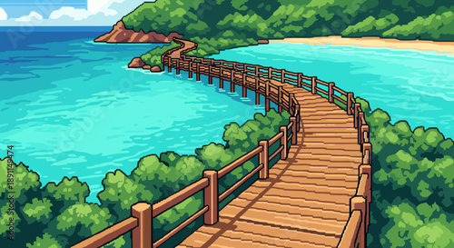 Pixel art beach scene with wooden pathway and lush greenery