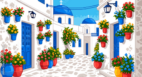 Pixel Art Charming mediterranean village street with vibrant flower pots and blue domes