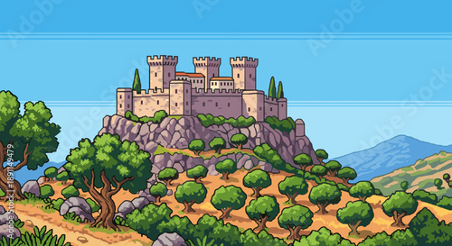 Pixel Art Castle on a hill in vibrant pixel art landscape with blue sky and greenery