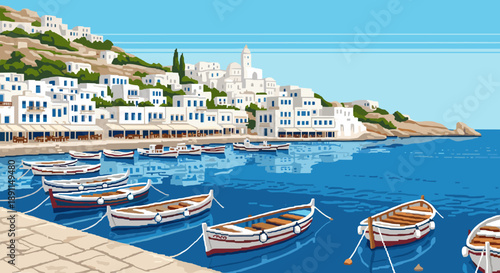 Pixel Art Charming coastal village in pixel art style with boats lined up along the waterfront
